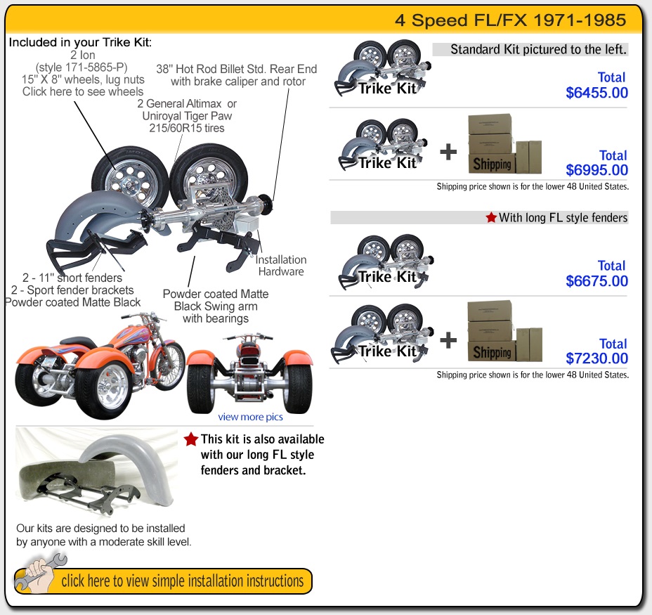 Frankenstein Trike kit for harley davidson 4 speed FL FX contents and pricing